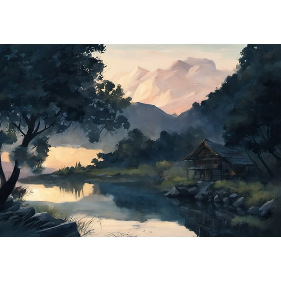 Cabin in The Woods Oil Painting - 12" x 18" Art Print Wall Decor