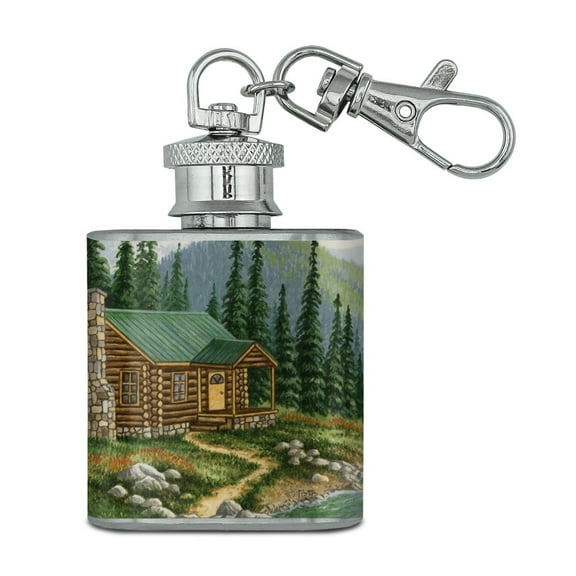 Cabin on the River Scene Stainless Steel 1oz Mini Flask Key Chain
