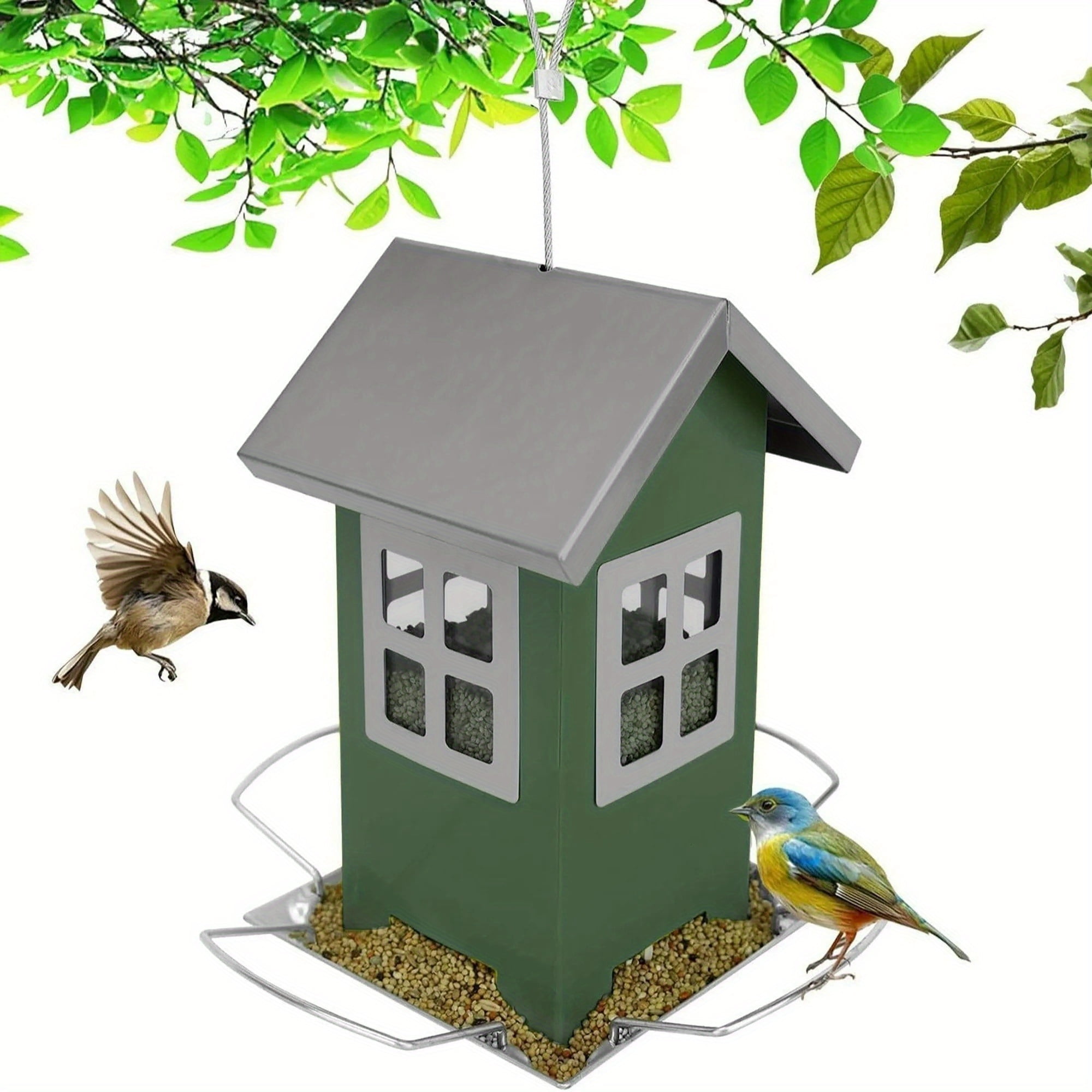 Pettrek Rover Hanging Bird Feeder for Outdoor with Removable Roof, Stainless Steel, Green