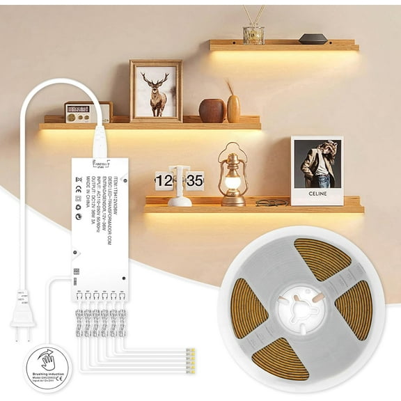 Under Cabinet COB Led Light Strip kit,16.4ft/5m Cuttable 3000K,Diffused Power with 6 Output Ports,Touch Switch&Dimmer Strip for Gun Safe Case,Book Shelf,Floating Shelf,Wall Panel,Home Decor