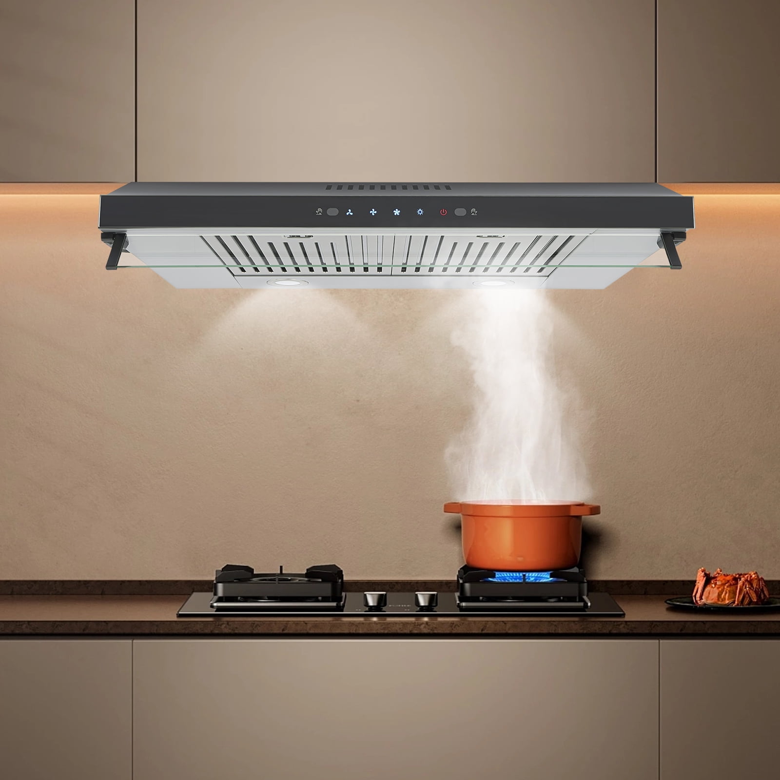 Under Cabinet Cooker Hood, 75cm Silver Stainless Steel, 900CFM Powerful Airflow, 3-Speed Adjustable, Touch Control & Gesture Sensing, LED Lighting, Ducted/Ductless Installation