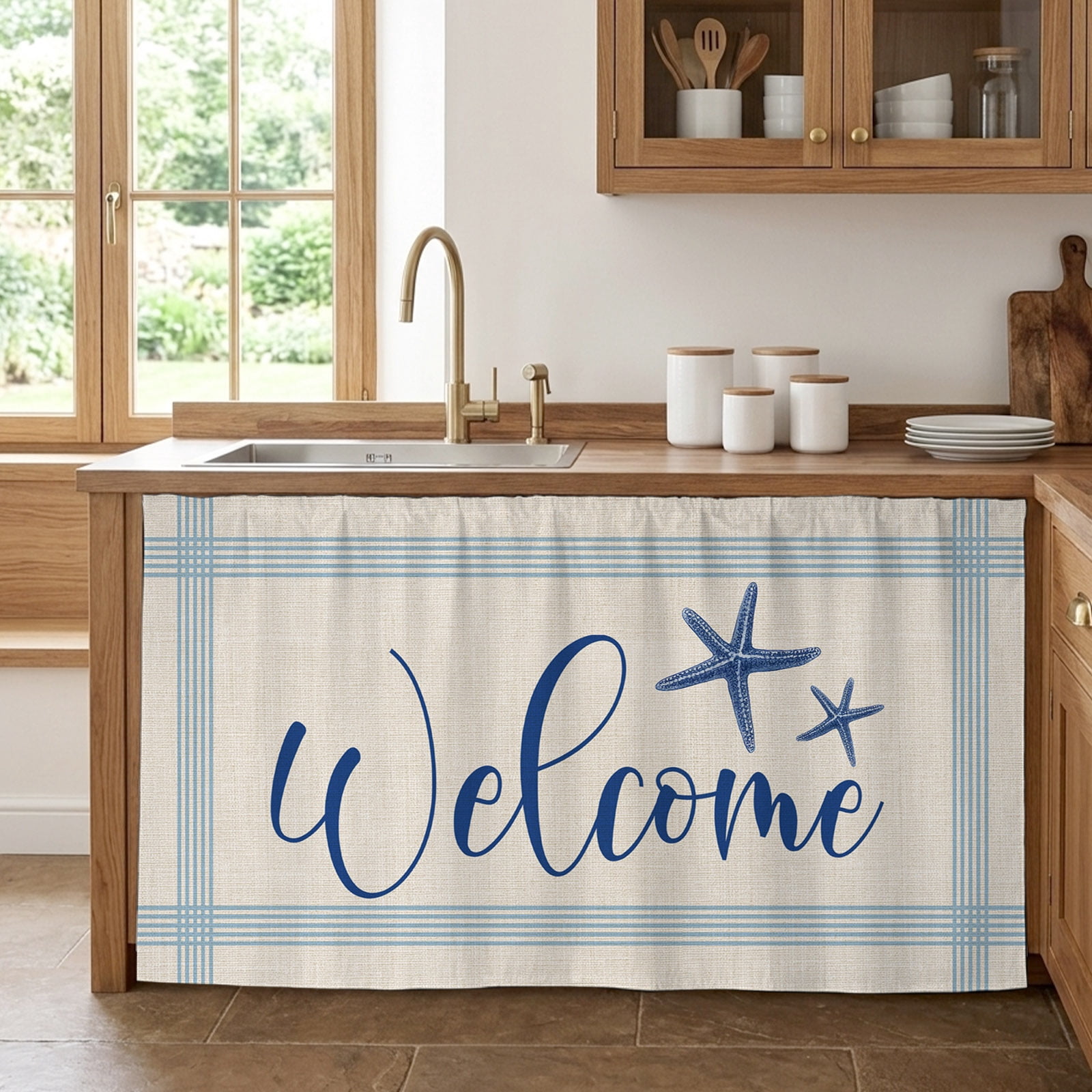 Cabinet Curtain 28''W x 51''L,Coastal Starfish Under Sink Curtain ...