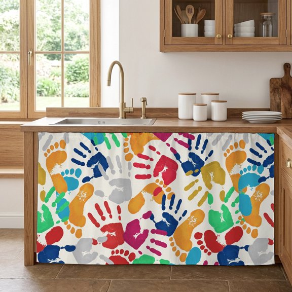 Cabinet Curtain 28''W x 51''L, Colorful Handprints Under Sink Curtain Drapes, Rainbow Abstract Hand Foot Prints Self Adhesive Cabinet Skirt for Kitchen/Bathroom Vanity/Laundry Room/Open Shelf/Pantry