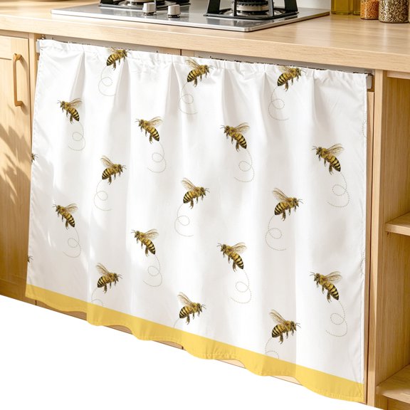 Cabinet Curtain 35''W x 35''L, Bees Under Sink Curtain Drapes, Spring Summer Animals Printed Textured Self Adhesive Cabinet Skirt for Kitchen/Bathroom Vanity/Laundry Room/Open Shelf/Pantry
