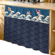 Cabinet Curtain 35W x 35L, Blue Coastal Under Sink Curtain Drapes, Japanese Style Wave Fish Textured Self Adhesive Cabinet Skirt for Kitchen/Bathroom Vanity/Laundry Room/Open Shelf/Pantry