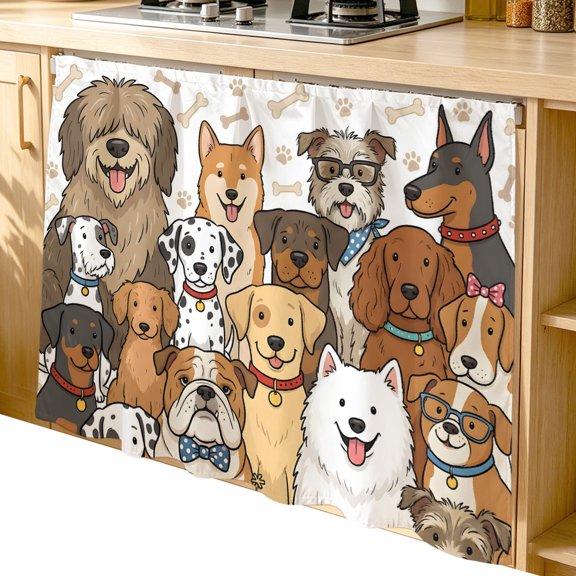 Cabinet Curtain 35''W x 35''L, Cute Dog Under Sink Curtain Drapes, Funny Animals Bones Paw Prints Self Adhesive Cabinet Skirt for Kitchen/Bathroom Vanity/Laundry Room/Open Shelf/Pantry