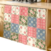 Cabinet Curtain 35W x 35L, Japanese Style Under Sink Curtain Drapes, Colorful Patchwork Flowers Leaves Plaid Self Adhesive Cabinet Skirt for Kitchen/Bathroom Vanity/Laundry Room/Open Shelf/Pantry
