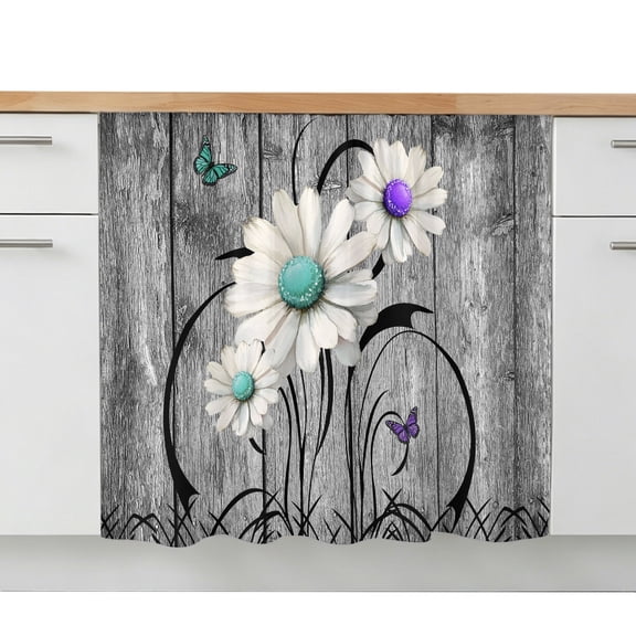 Cabinet Curtain Rustic Daisy Kitchen Shelf Curtain Desk Under Sink Curtain Skirt Privacy Drape Cover Teal Sunflower Grey Wood Grain Cabinet Curtains for Kitchen Shelves Laundry Room 28x35 Inch