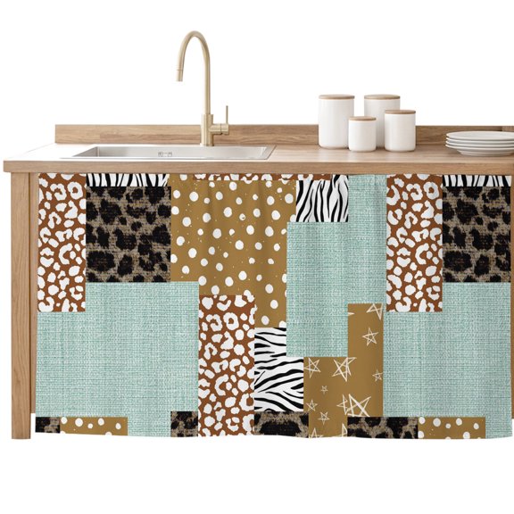 Cabinet Curtain Vintage Patchwork Collage Kitchen Shelf Curtain Desk Under Sink Curtain Skirt Privacy Drape Cover Linen Zebra Leopard Print Cabinet Curtains for Kitchen Laundry Room 32x55 Inch