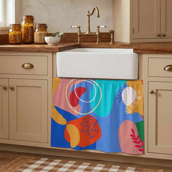Cabinet Curtains 10"W x 11"L, Abstract Contemporary, Sink Skirt for Bathroom Kitchen Self Adhesive, Minimalist Art Mo-randi Colored Geometric Desk Privacy Short Curtain for Shelves Closet Table