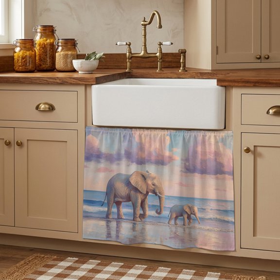 Cabinet Curtains 10"W x 11"L, Beach Elephant Sink Skirt for Bathroom Kitchen Self Adhesive, Natural Seaside Scenery Modern Paint Art Desk Privacy Short Curtain for Shelves Closet Table Storage