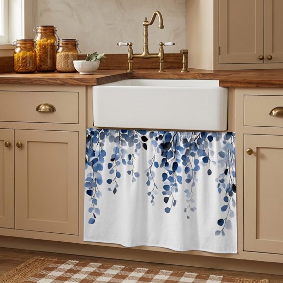 Cabinet Curtains 10"W x 11"L, Blue Eucalyptus Leaves Sink Skirt for Bathroom Kitchen Self Adhesive, Weeping Spring Botanical Summer Desk Privacy Short Curtain for Shelves Closet Table Storage