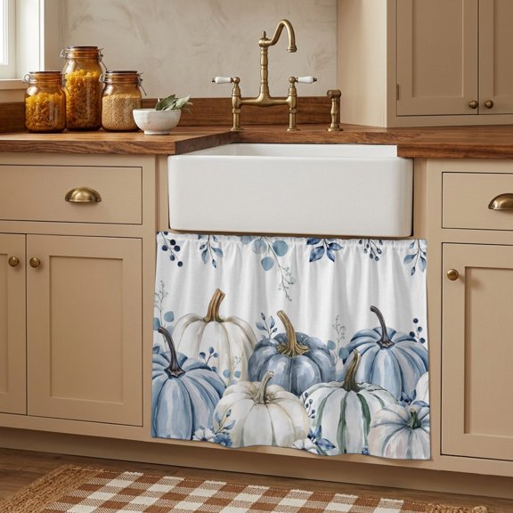 Cabinet Curtains 10"W x 11"L, Blue Pumpkin Fall Sink Skirt for Bathroom Kitchen Self Adhesive, Thanksgiving Eucalyptus Leaves Weeping Desk Privacy Short Curtain for Shelves Closet Table Storage