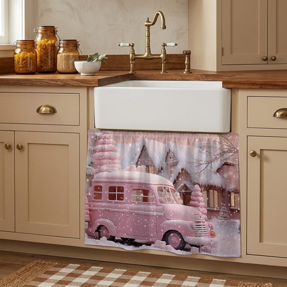 Cabinet Curtains 10"W x 11"L, Christmas, Sink Skirt for Bathroom Kitchen Self Adhesive, Blush Pink Farmhouse Winter Truck Desk Privacy Short Curtain for Shelves Closet Table Storage
