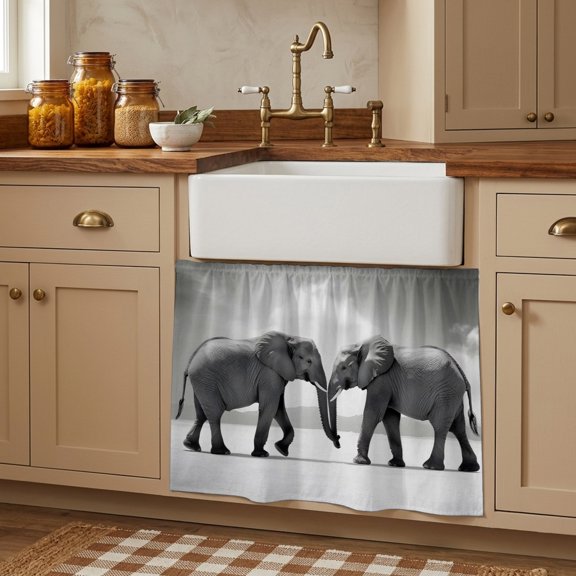 Cabinet Curtains 10"W x 11"L, Grey Elephants Sink Skirt for Bathroom Kitchen Self Adhesive, Modern Art Animals Desk Privacy Short Curtain for Shelves Closet Table Storage
