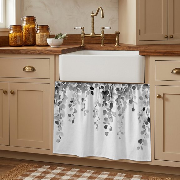 Cabinet Curtains 10"W x 11"L, Grey Eucalyptus Leaves Sink Skirt for Bathroom Kitchen Self Adhesive, Weeping Spring Botanical Summer Desk Privacy Short Curtain for Shelves Closet Table Storage