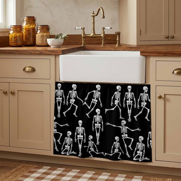 Cabinet Curtains 10"W x 11"L, Halloween Sink Skirt for Bathroom Kitchen Self Adhesive, Funny Skeleton Spooky Scary Skull Black Desk Privacy Short Curtain for Shelves Closet Table Storage