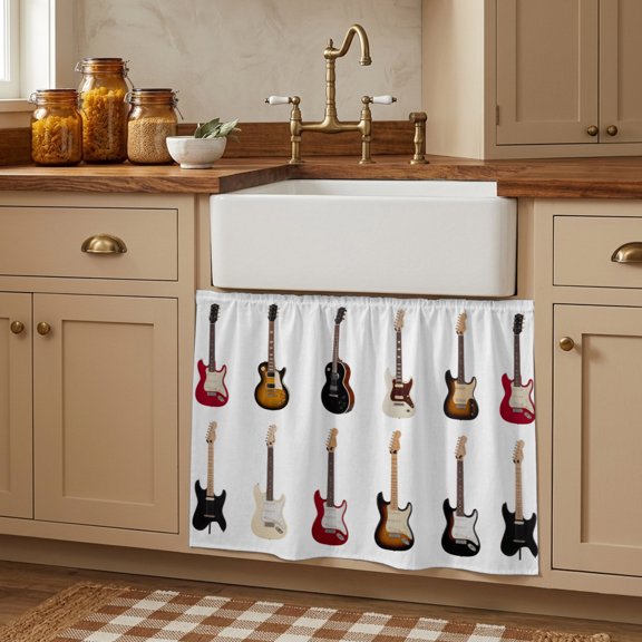 Cabinet Curtains 10"W x 11"L, Music Sink Skirt for Bathroom Kitchen Self Adhesive, Red Beige Guitar Modern Art Desk Privacy Short Curtain for Shelves Closet Table Storage