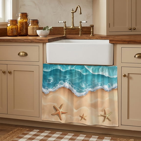Cabinet Curtains 10"W x 11"L, Ocean Beach Sink Skirt for Bathroom Kitchen Self Adhesive, Starfish Sea Waves Coastal Seaside Sand Desk Privacy Short Curtain for Shelves Closet Table Storage