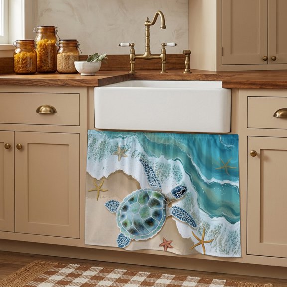 Cabinet Curtains 10"W x 11"L, Ocean Turtle Sink Skirt for Bathroom Kitchen Self Adhesive, Gradient Turquoise Wave Starfish Beach Desk Privacy Short Curtain for Shelves Closet Table Storage