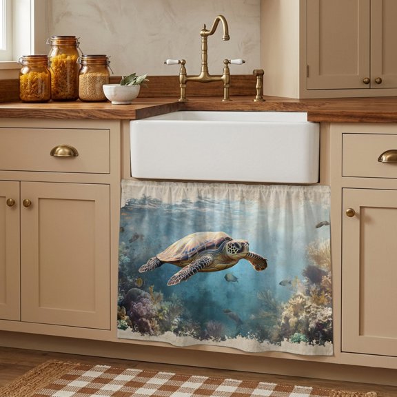 Cabinet Curtains 10"W x 11"L, Ocean Turtle Sink Skirt for Bathroom Kitchen Self Adhesive, Retro Coral Reef Illustration Coastal Desk Privacy Short Curtain for Shelves Closet Table Storage