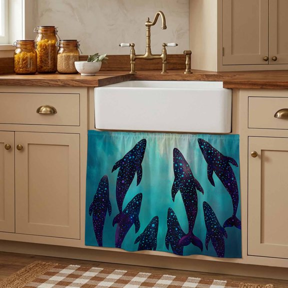 Cabinet Curtains 10"W x 11"L, Ocean Whale Sink Skirt for Bathroom Kitchen Self Adhesive, Coastal Nautical Teal Sea Desk Privacy Short Curtain for Shelves Closet Table Storage