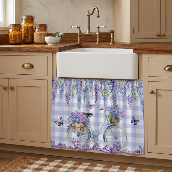 Cabinet Curtains 10"W x 11"L, Purple Flowers Sink Skirt for Bathroom Kitchen Self Adhesive, Weeping Spring Floral Bicycle Checkered Desk Privacy Short Curtain for Shelves Closet Table Storage