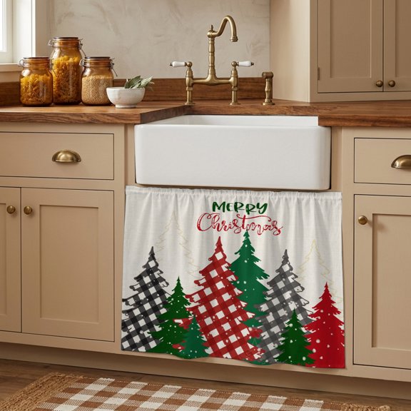 Cabinet Curtains 10"W x 11"L, Red Green Gray Christmas Sink Skirt for Bathroom Kitchen Self Adhesive, Xmas Tree Snowflake Plaid Rustic Desk Privacy Short Curtain for Shelves Closet Table Storage