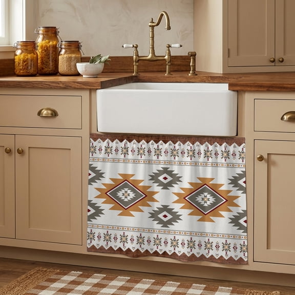 Cabinet Curtains 10"W x 11"L, Southwest Geometric Sink Skirt for Bathroom Kitchen Self Adhesive, Western Beige Grey Boho Vintage Wooden Desk Privacy Short Curtain for Shelves Closet Table Storage