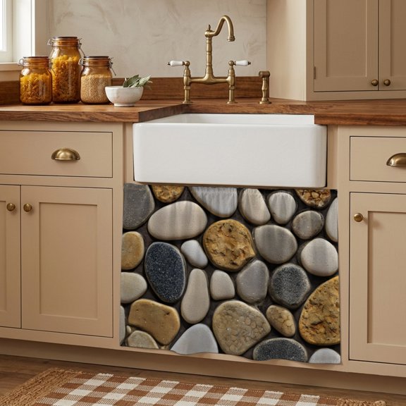 Cabinet Curtains 10"W x 11"L, Stones Sink Skirt for Bathroom Kitchen Self Adhesive, Gravel Rock Cobblestone Natural Pattern Art Desk Privacy Short Curtain for Shelves Closet Table Storage