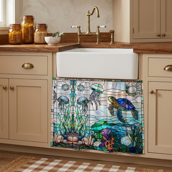 Cabinet Curtains 10"W x 11"L, Summer Sea Turtle Sink Skirt for Bathroom Kitchen Self Adhesive, Stained Glass Ocean Jellyfish Coral Desk Privacy Short Curtain for Shelves Closet Table Storage