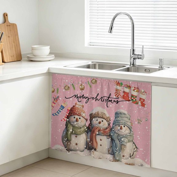 Cabinet Curtains 11"W x 13"L, Christmas, Sink Skirt for Bathroom Kitchen Self Adhesive, Retro Blush Pink Blush Pink Snowman Desk Privacy Short Curtain for Pantry Storage Coffee Bar