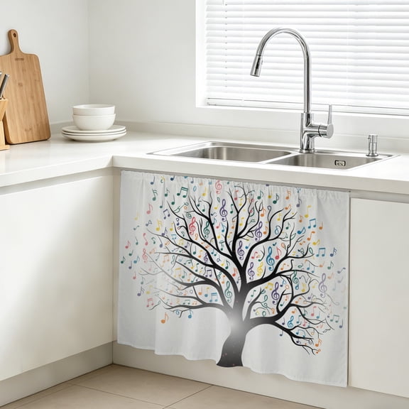 Cabinet Curtains 11"W x 13"L, Music Tree Sink Skirt for Bathroom Kitchen Self Adhesive, Modern Abstract Art Note Branches Desk Privacy Short Curtain for Pantry Storage Coffee Bar