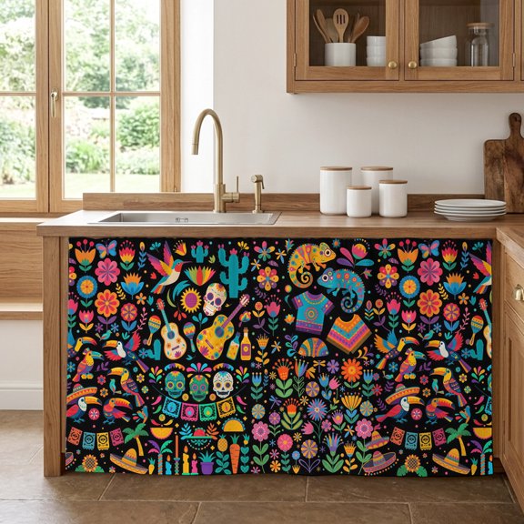 Cabinet Curtains 28"W x 51"L, Colorful Cartoon Sink Skirt for Bathroom Kitchen Self Adhesive, Funny Flowers Guitar Animals Ethnic Art Desk Privacy Short Curtain for Sink Under Counter Classroom