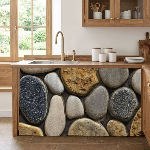 Cabinet Curtains 32"W x 55"L, Stones Sink Skirt for Bathroom Kitchen Self Adhesive, Gravel Rock Cobblestone Natural Pattern Art Desk Privacy Short Curtain for Closet Shelves Laundry Room