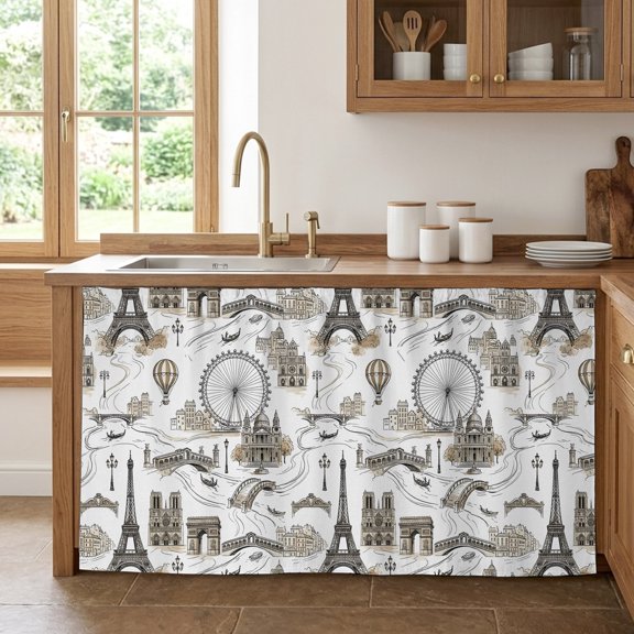 Cabinet Curtains 32"W x 55"L, Vintage Eiffel Tower Sink Skirt for Bathroom Kitchen Self Adhesive, Buildings Ferris Wheel Bridge Retro Rustic Desk Privacy Short Curtain for Closet Shelves Laundry Room