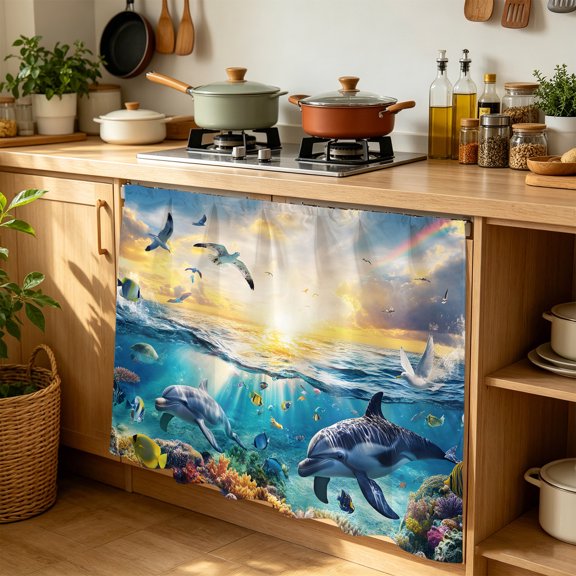 Cabinet Curtains 35"W x 35"L, Blue Ocean Turtle Sink Skirt for Bathroom Kitchen Self Adhesive, Dolphins Animals Coral Orange Sunlight Desk Privacy Short Curtain for Under Sink Classroom Closet
