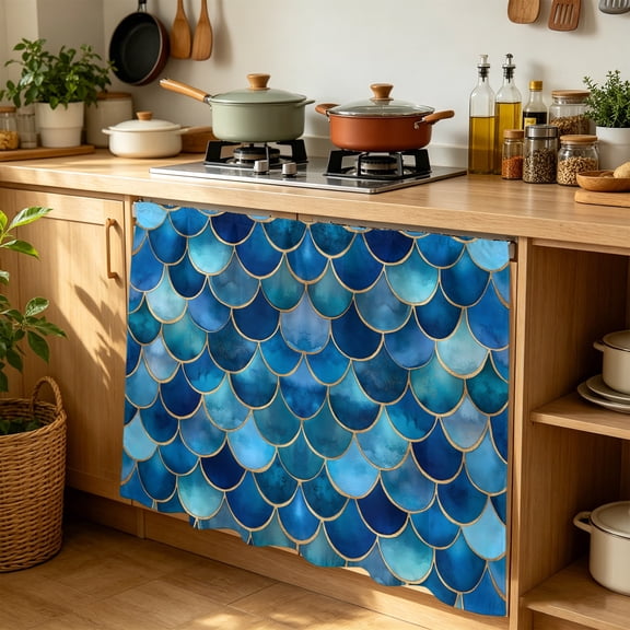 Cabinet Curtains 35"W x 35"L, Blue Ombre Scale Sink Skirt for Bathroom Kitchen Self Adhesive, Abstract Art Ocean Coastal Desk Privacy Short Curtain for Under Sink Classroom Closet
