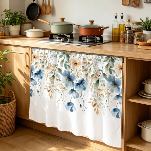 Cabinet Curtains 35"W x 35"L, Blue Spring Floral Sink Skirt for Bathroom Kitchen Self Adhesive, Weeping Botanical Orange Summer Desk Privacy Short Curtain for Under Sink Classroom Closet