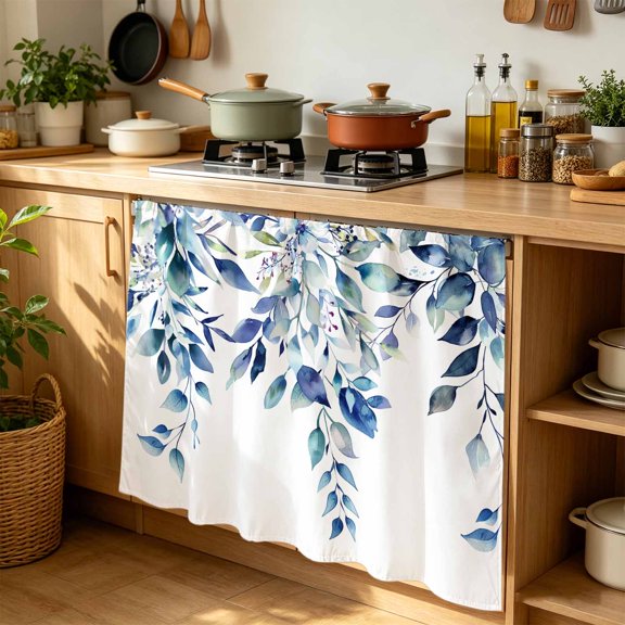 Cabinet Curtains 35"W x 35"L, Blue Teal Eucalyptus Leaves Sink Skirt for Bathroom Kitchen Self Adhesive, Watercolor Weeping Botanical Desk Privacy Short Curtain for Under Sink Classroom Closet