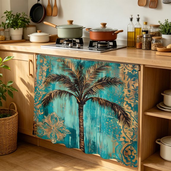 Cabinet Curtains 35"W x 35"L, Boho Coastal Beach Sink Skirt for Bathroom Kitchen Self Adhesive, Summer Ocean Tropical Tree Flower Desk Privacy Short Curtain for Under Sink Classroom Closet
