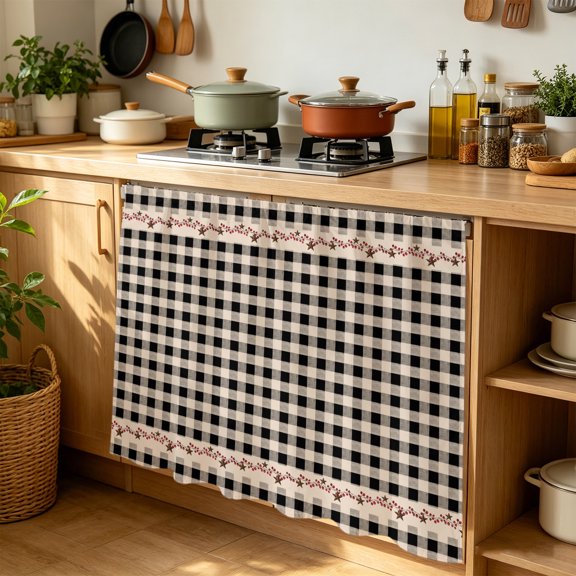 Cabinet Curtains 35"W x 35"L, Country Star Plaid Sink Skirt for Bathroom Kitchen Self Adhesive, Black Retro American Farm Barn Berry Desk Privacy Short Curtain for Under Sink Classroom Closet