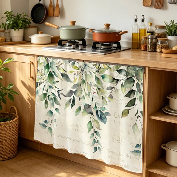 Cabinet Curtains 35"W x 35"L, Eucalyptus Leaves Sink Skirt for Bathroom Kitchen Self Adhesive, Watercolor Weeping Teal Botanical Vintage Desk Privacy Short Curtain for Under Sink Classroom Closet