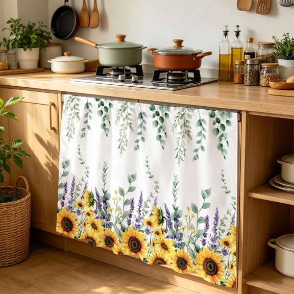 Cabinet Curtains 35"W x 35"L, Eucalyptus Leaves Sink Skirt for Bathroom Kitchen Self Adhesive, Yellow Sunflower Lavender Farmhouse Desk Privacy Short Curtain for Under Sink Classroom Closet