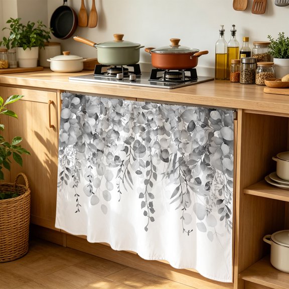 Cabinet Curtains 35"W x 35"L, Grey Botanical Sink Skirt for Bathroom Kitchen Self Adhesive, Weeping Eucalyptus Leaves Watercolor Desk Privacy Short Curtain for Under Sink Classroom Closet