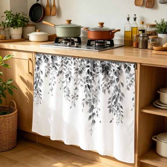 Cabinet Curtains 35"W x 35"L, Grey Eucalyptus Sink Skirt for Bathroom Kitchen Self Adhesive, Weeping Botanical Leaf Watercolor Desk Privacy Short Curtain for Under Sink Classroom Closet
