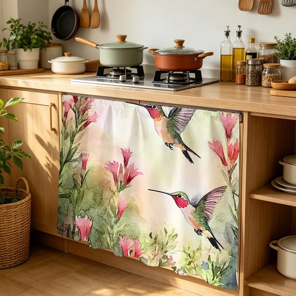 Cabinet Curtains 35"W x 35"L, Hummingbird Red Floral Sink Skirt for Bathroom Kitchen Self Adhesive, Rustic Botanical Green Ombre Desk Privacy Short Curtain for Under Sink Classroom Closet