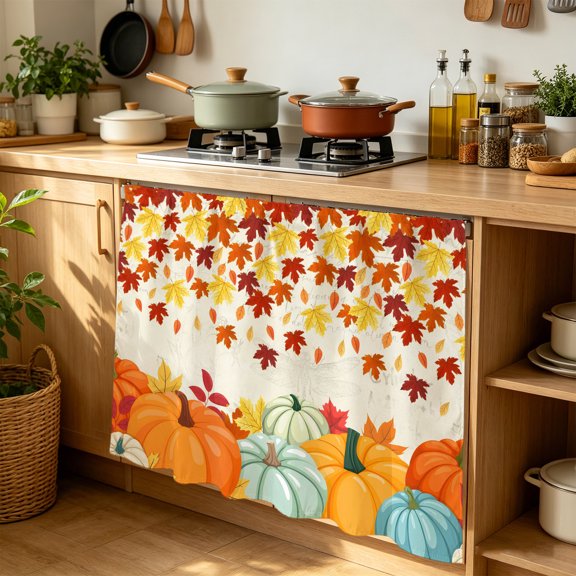 Cabinet Curtains 35"W x 35"L, Orange Pumpkins Fall Sink Skirt for Bathroom Kitchen Self Adhesive, Thanksgiving Maple Leaves Weeping Rustic Desk Privacy Short Curtain for Under Sink Classroom Closet