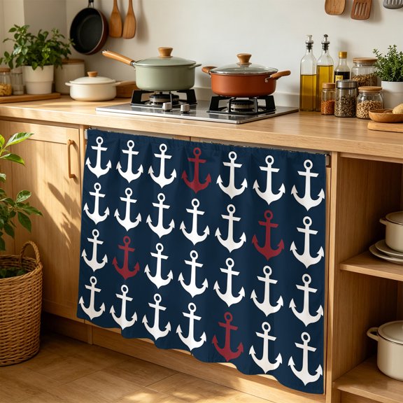 Cabinet Curtains 35"W x 35"L, Red and White Sailing Anchor, Sink Skirt for Bathroom Kitchen Self Adhesive, Navy Blue Desk Privacy Short Curtain for Under Sink Classroom Closet