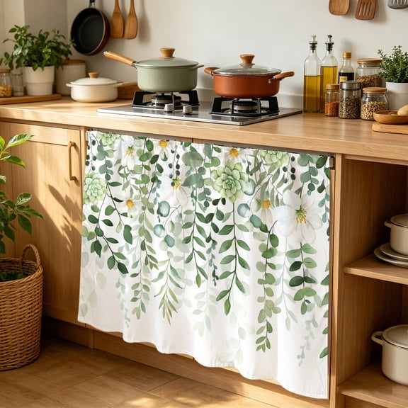 Cabinet Curtains 35"W x 35"L, Sage Green Eucalyptus Leaves Sink Skirt for Bathroom Kitchen Self Adhesive, Summer Weeping Floral Botanical Desk Privacy Short Curtain for Under Sink Classroom Closet